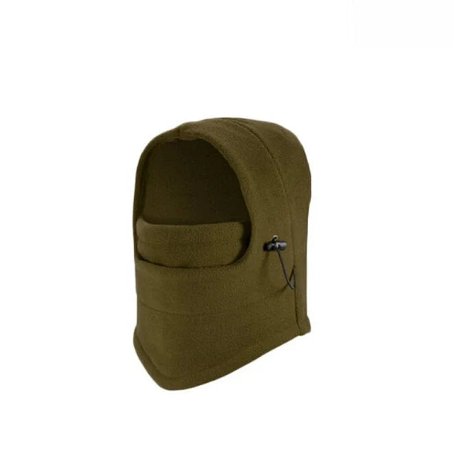 Versatile outdoor winter headwear with a warm fleece hat, face mask, and neck scarf for cold weather protection