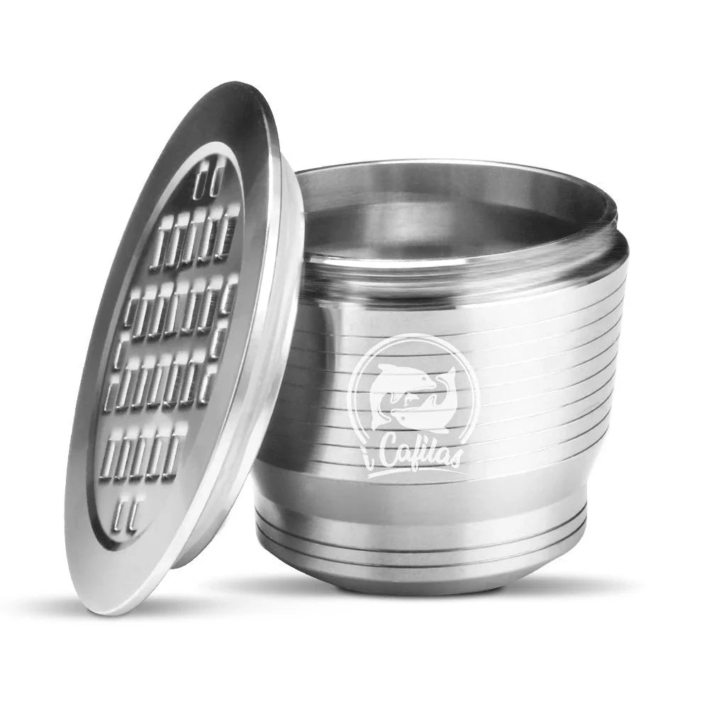 Premium stainless steel coffee capsule holder with integrated tamper for easy organization and perfect espresso extraction