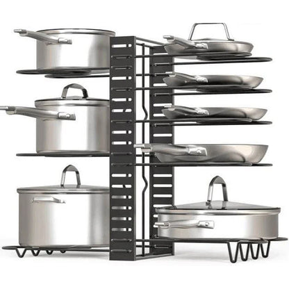 Sturdy 8-tier kitchen organiser shelf in black, featuring adjustable shelves for pots, pans, and tableware storage