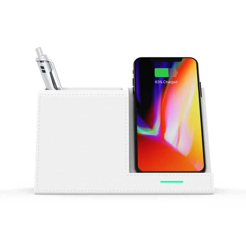Premium Leather Wireless Charging Station with Pen Holder - Sleek and Versatile Desk Accessory
