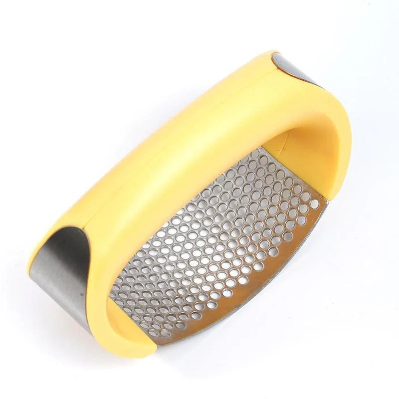 Stainless steel garlic press with ergonomic handle for easy mashing