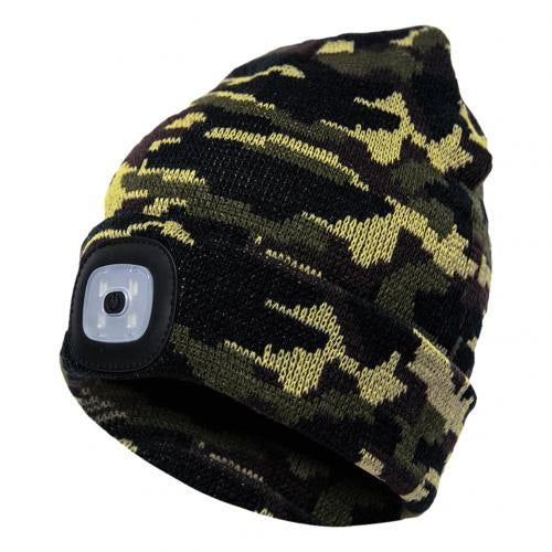 LED Knit Hat with built-in light for night visibility, made from 100% wool