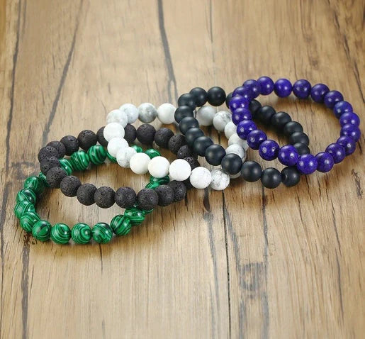 Natural Black Lava Rock and White Stone Stretch Bracelet showcasing unique natural stone beads