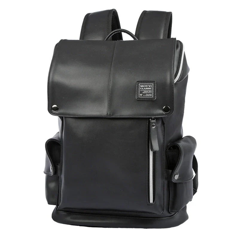Premium PU leather backpack in black and white colours, featuring a spacious main compartment and multiple pockets for excellent organisation.