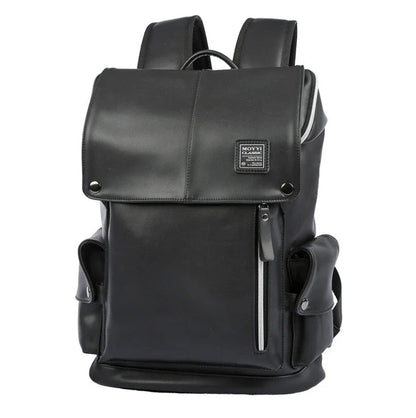 Premium PU leather backpack in black and white colours, featuring a spacious main compartment and multiple pockets for excellent organisation.