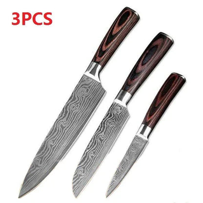Premium 8-Piece Damascus Steel Kitchen Knife Set with Razor-Sharp Blades and Ergonomic Wooden Handles