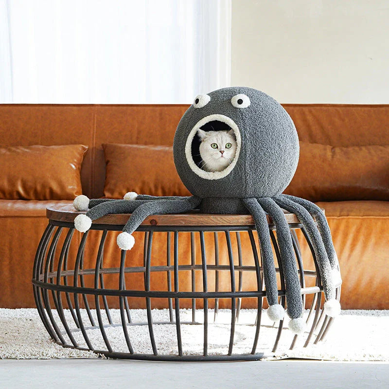 Cosy octopus-shaped pet nest, featuring a plush, high-quality fabric construction and a whimsical design for your cat's ultimate relaxation.