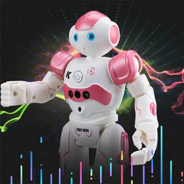 Remote-controlled dancing robot toy with gesture-sensing controls, preprogrammed songs and dances, and customizable programming capabilities