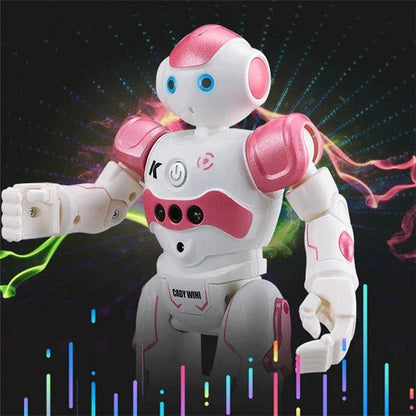 Remote-controlled dancing robot toy with gesture-sensing controls, preprogrammed songs and dances, and customizable programming capabilities