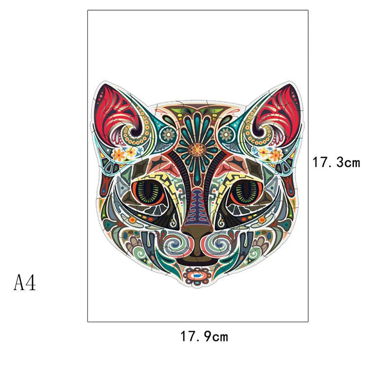 Charming wooden jigsaw puzzle featuring a whimsical flower-faced cat amidst a lush, floral landscape