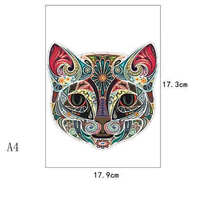 Charming wooden jigsaw puzzle featuring a whimsical flower-faced cat amidst a lush, floral landscape