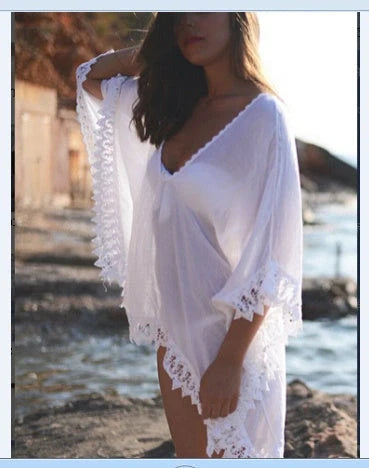 Women's cotton beach bikini lace white blouse for swimming and wading