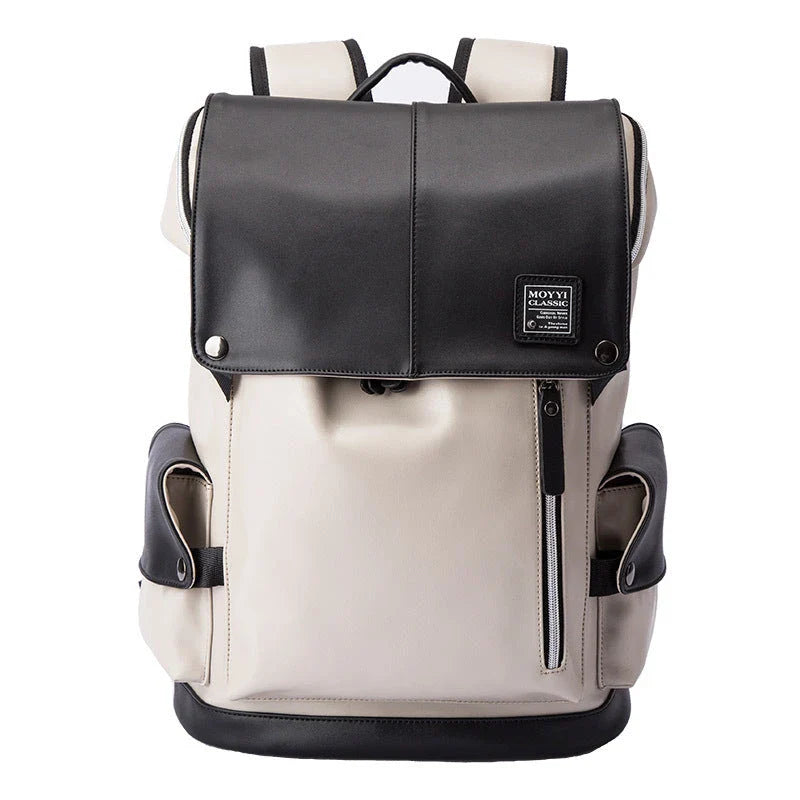 Premium PU leather backpack in black and white colours, featuring a spacious main compartment and multiple pockets for excellent organisation.