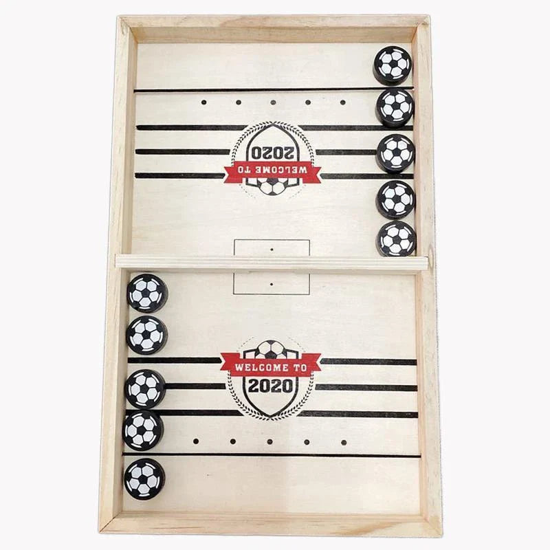 Premium solid wood puck slinging game with smooth playing surface and precision-engineered wooden pucks for interactive family fun