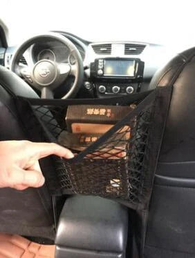 A versatile car backseat organizer with an elastic storage net that expands to fit different vehicle models