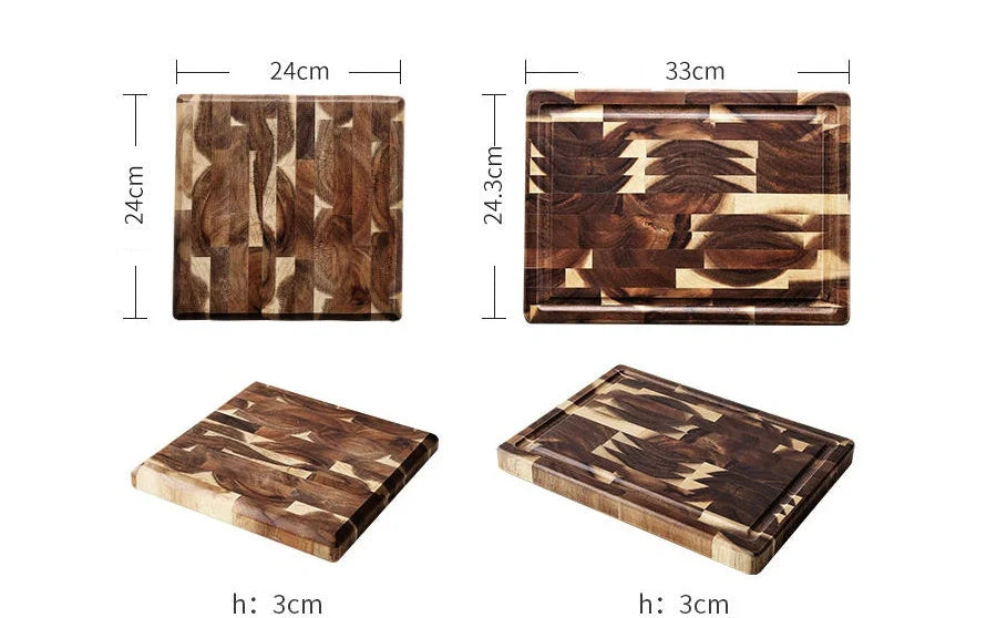Solid acacia wood cutting board for kitchen use, 3cm thick, brown color