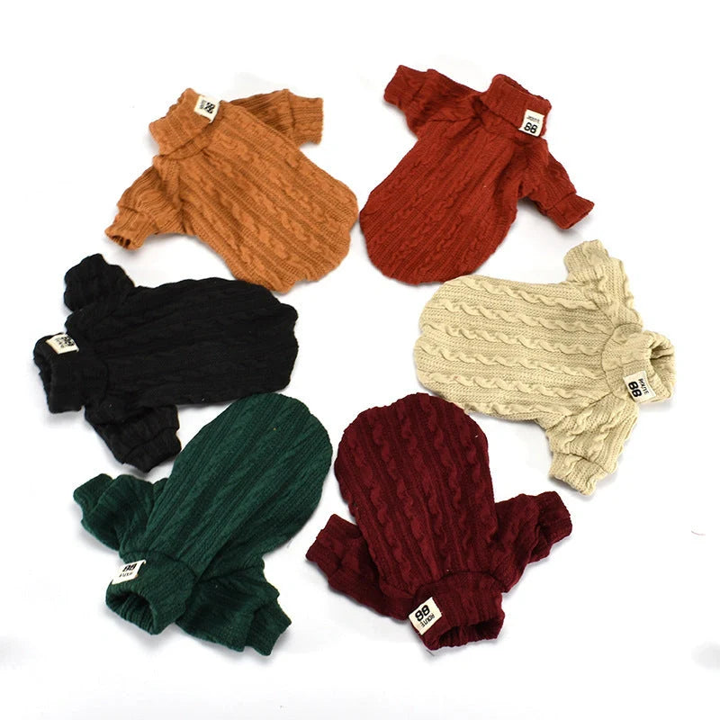 Dog wearing a warm acrylic turtleneck sweater in various colours, suitable for small to medium breeds.