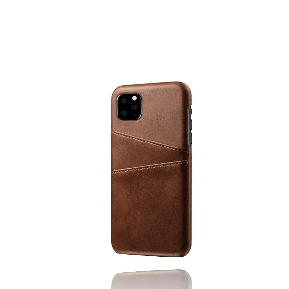 Stylish double card slot protective iPhone case with geometric pattern design, available in various color options