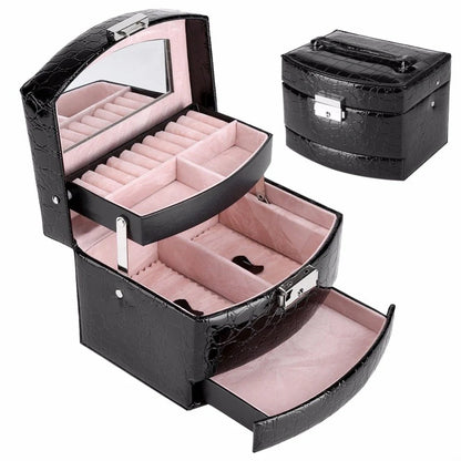 3-layer leather jewellery and makeup storage box with mirror in various colours