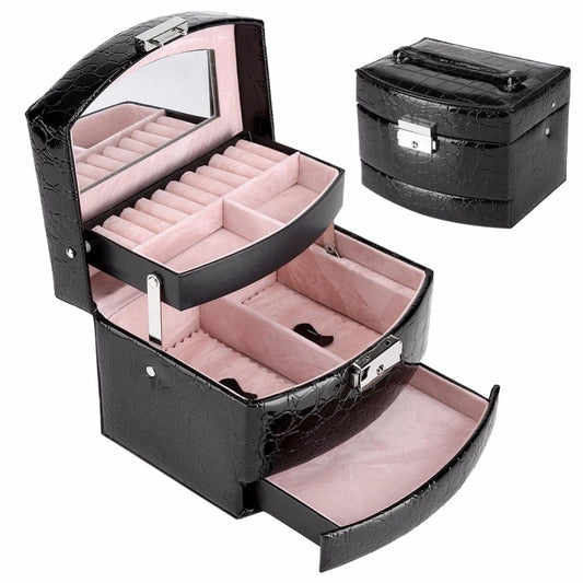 3-layer leather jewellery and makeup storage box with mirror in various colours