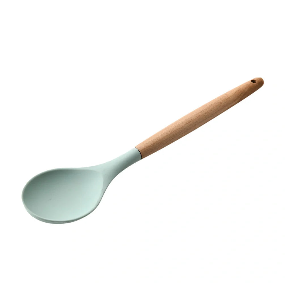 Silicone kitchenware set with wooden handles in various colors and styles, perfect for cooking, baking, and serving
