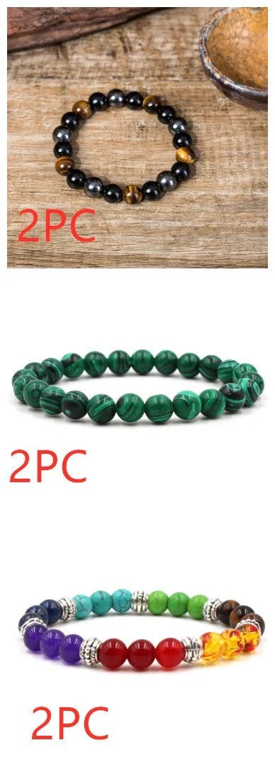 Classic black matte green malachite bracelets with elastic strand for unisex wear