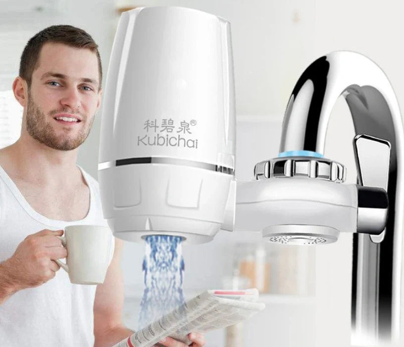 White kitchen tap water purifier with ceramic cartridge and universal adapter