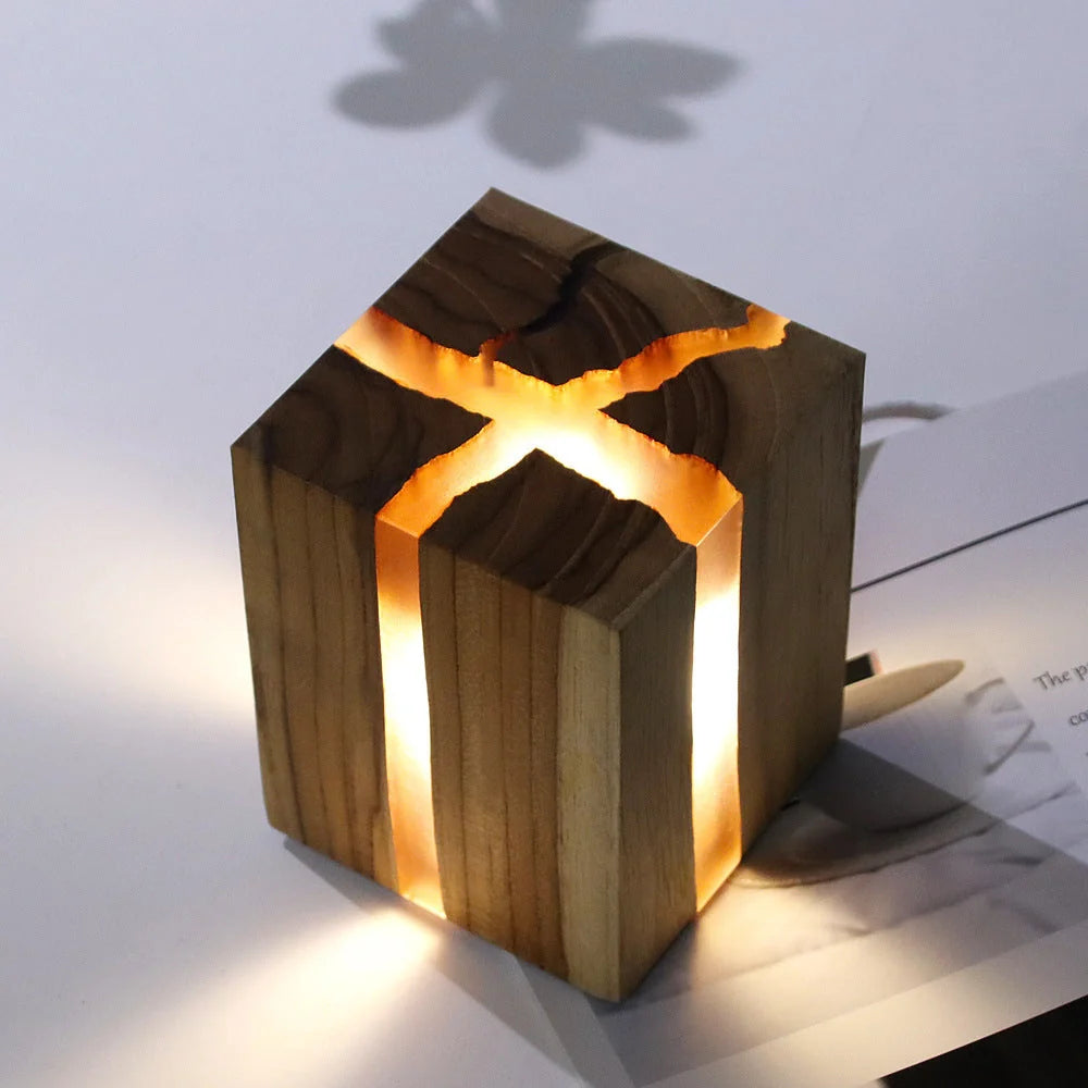 Adjustable wooden LED desk lamp with USB charging port in rustic brown finish
