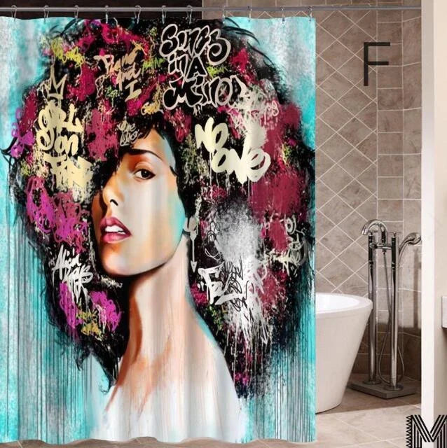 Vibrant African-inspired shower curtain with portrait of a beautiful African girl wearing earrings and bold hairstyle