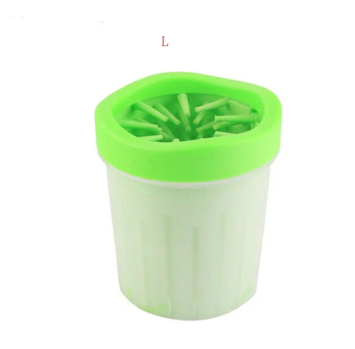 Silicone Dog Paw Washer Cup in various colors and sizes, featuring soft bristles for gentle cleaning.