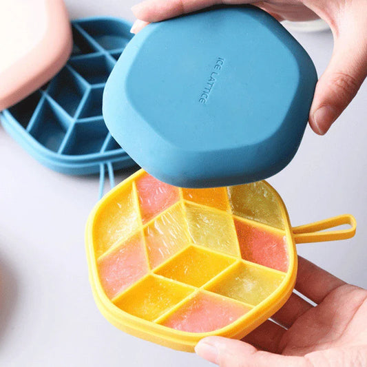 Silicone hexagon-shaped 3D ice cube tray with lid, available in various colours