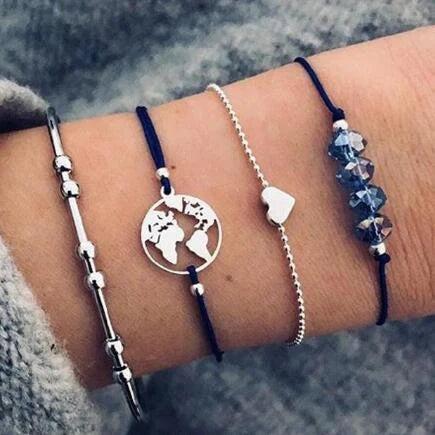 Bead Chain Bracelet Set featuring star and moon design in alloy material