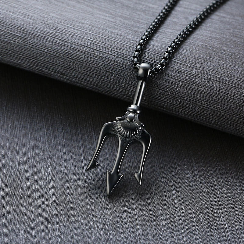 Men's Poseidon Trident Pendant Necklace in titanium steel, available in three colours.