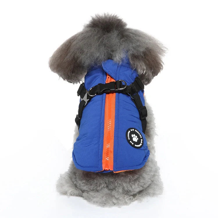 Chest Strap Jacket Cotton-padded Coat for pets in black, blue, green, and red