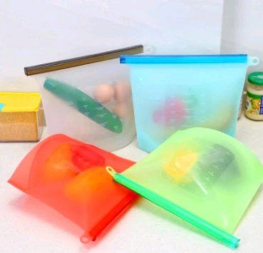 Premium silicone food storage bags in various colours, featuring airtight seals and reusable designs