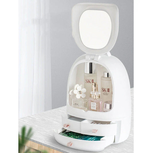 Luxury USB-powered cosmetic storage organiser with adjustable double-sided makeup mirror for a flawless beauty routine