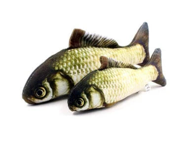 Soft, durable and realistic cat plush toy in the shape of a fish pillow, available in various sizes and designs.