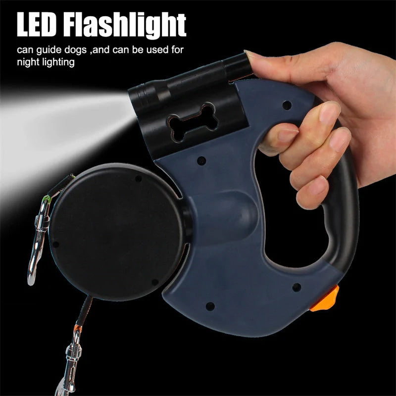 Reflective dual pet leash for small dogs with 360 swivel and lights