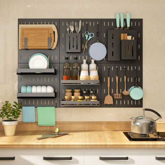 A high-quality stainless steel wall-mounted kitchen storage rack with a perforated design for customisable storage