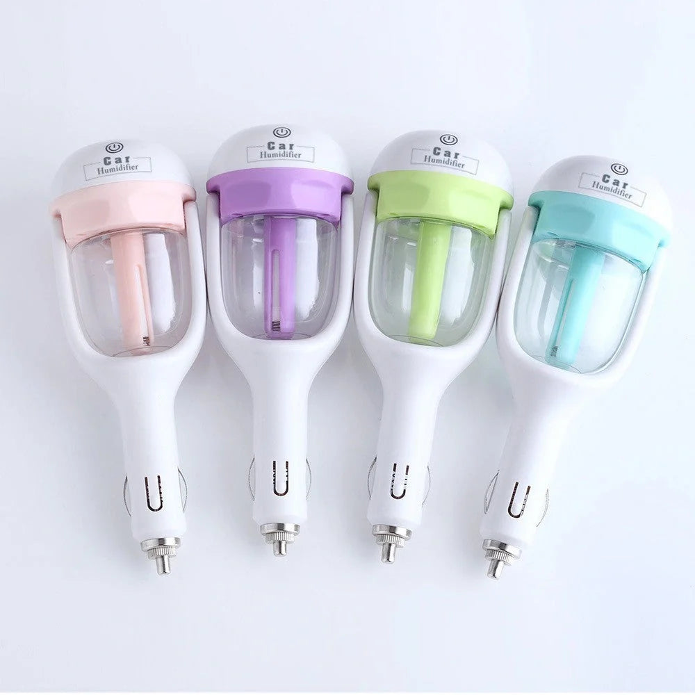 Mini 12V car steam humidifier with aroma diffuser and air purifier in blue, green, pink, and purple