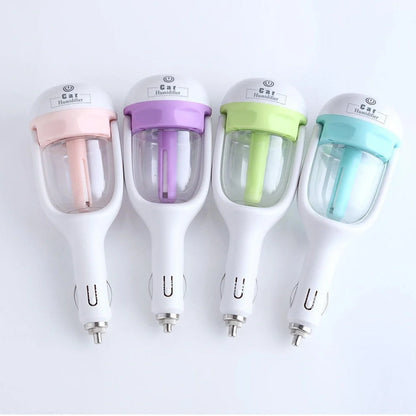 Mini 12V car steam humidifier with aroma diffuser and air purifier in blue, green, pink, and purple