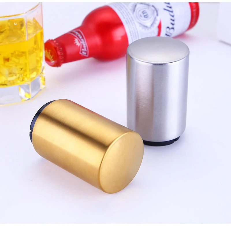 Portable magnetic automatic beer bottle opener in brushed stainless steel finish