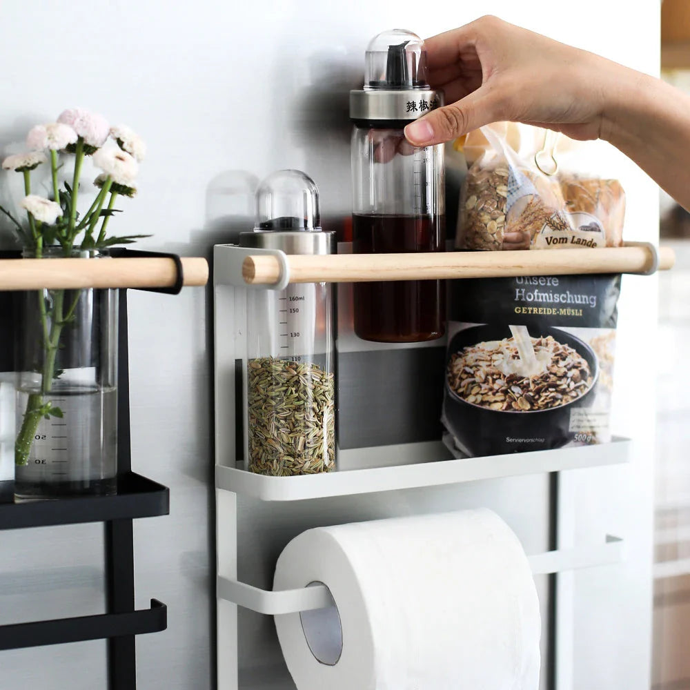 Stylish magnetic refrigerator rack with six storage hooks and wooden crossbar for organising kitchen essentials