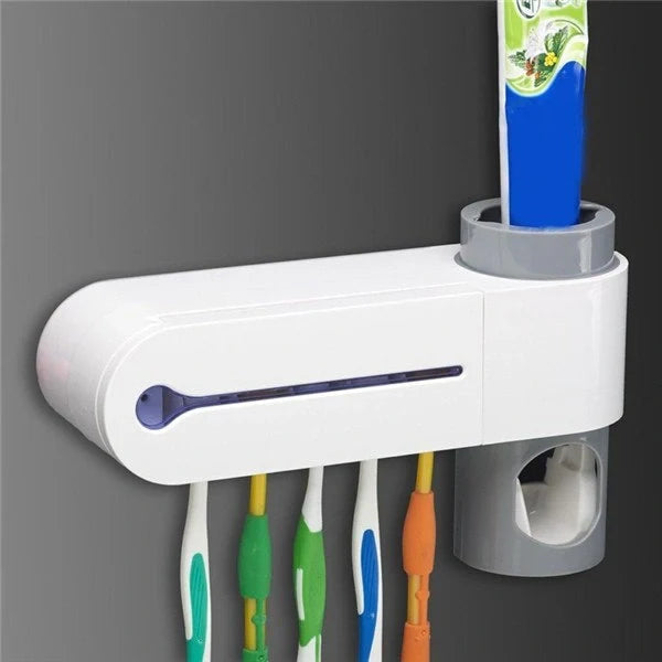 3-in-1 toothbrush holder with UV sterilizer and toothpaste dispenser, wall-mounted for space saving
