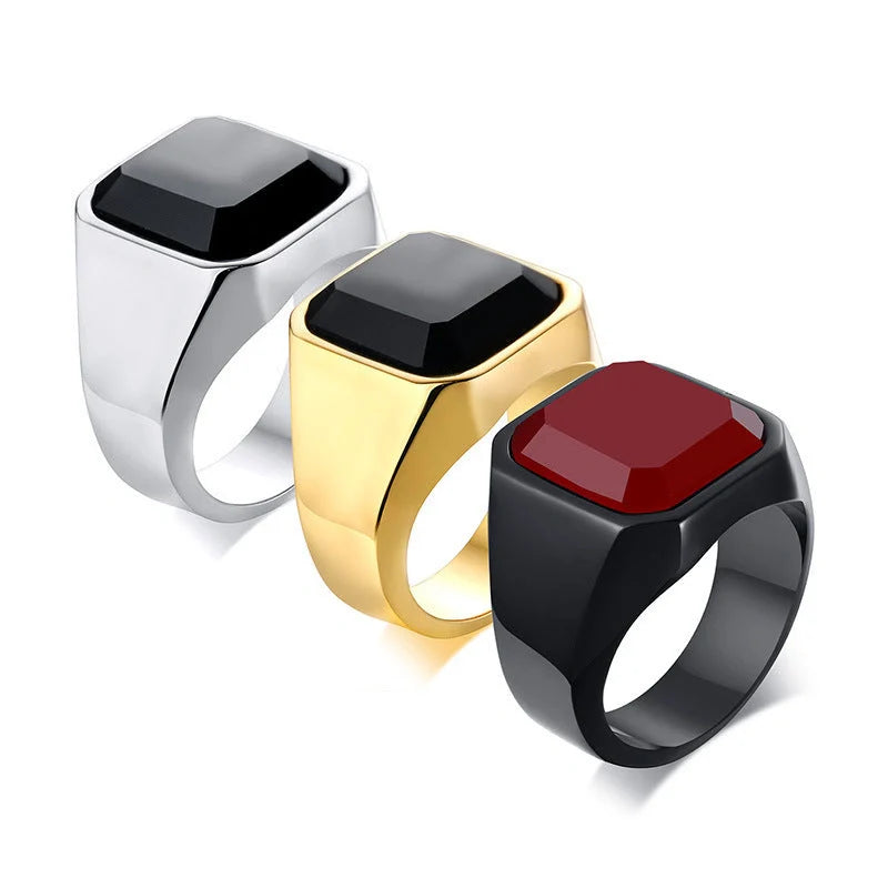 Men's geometric stainless steel ring in silver, gold, red, and black finishes