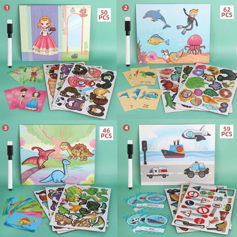 Versatile magnetic puzzle toy with vertical board, magnetic pieces, and rewritable drawing surface for early learning and creativity