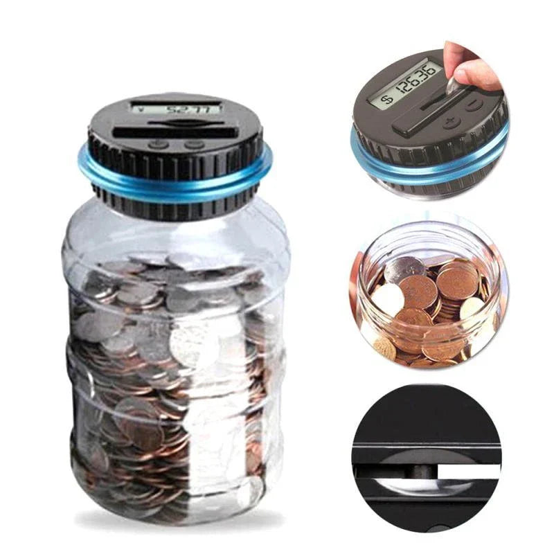 Transparent digital money box with LCD coin counter, designed for effortless coin saving and tracking in the UK