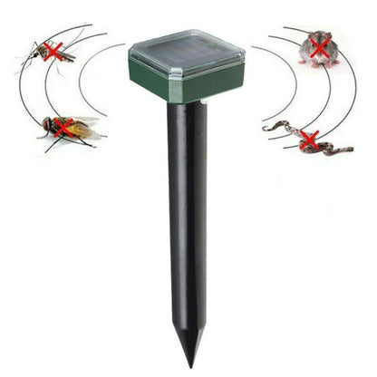 Solar-powered ultrasonic pest deterrent device for repelling moles, rats, snakes, and other burrowing pests from gardens and outdoor spaces