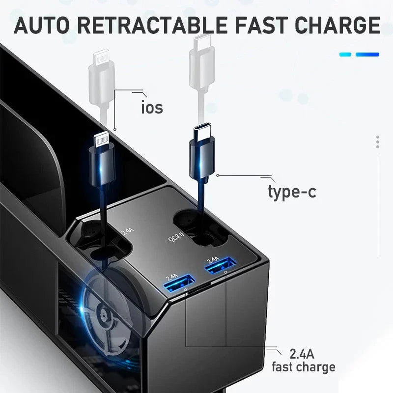 Premium car seat gap organiser with discreet charging cable, providing secure storage and power for your on-the-go essentials