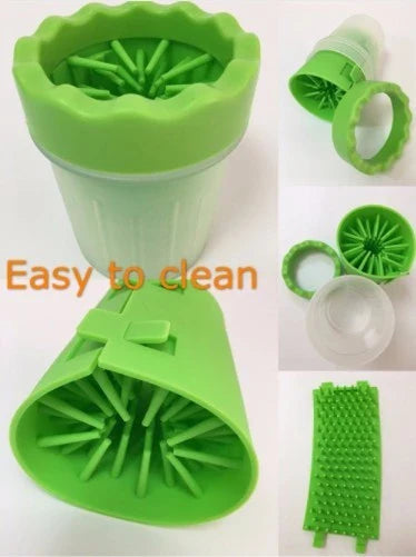 Silicone Dog Paw Washer Cup in various colors and sizes, featuring soft bristles for gentle cleaning.